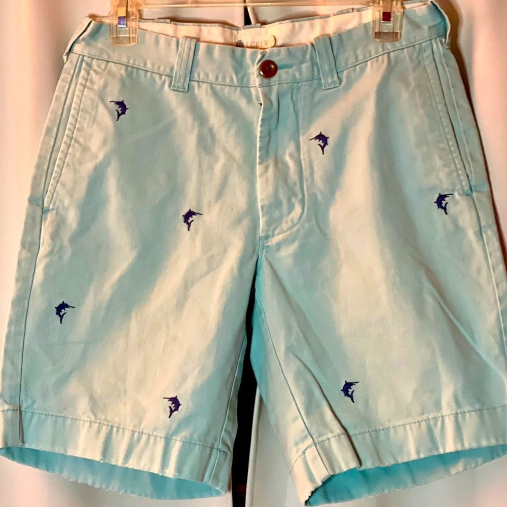 J. Crew Mens Stanton Shorts 30 Mint Green Marlin Swordfish Embroidered Cotton